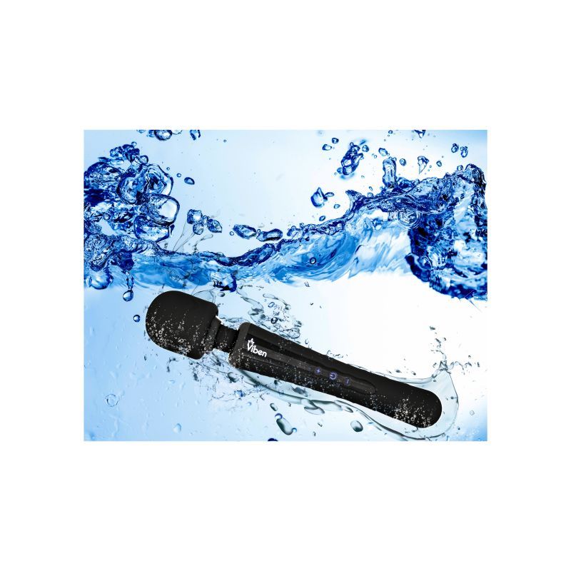 Viben Obsession Rechargeable Wand Massager Black against a backdrop of water splashes, highlighting its waterproof feature.