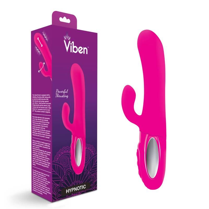 Viben Hypnotic Thrusting Rabbit Vibe packaging showcasing its powerful thrusting and clitoral stimulation features in hot pink.