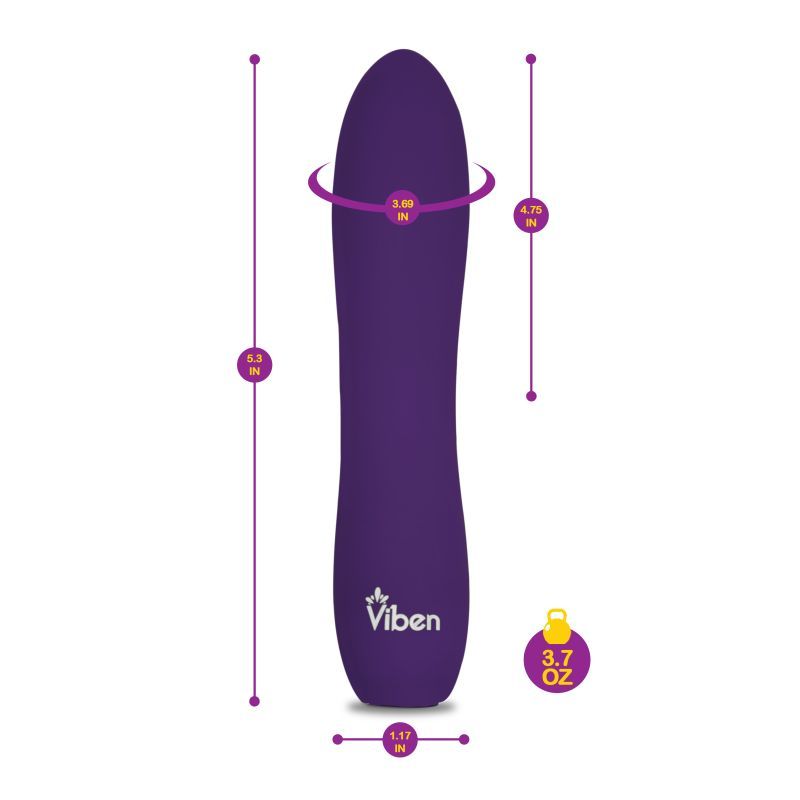 Viben Vivacious Rumble Motor Rechargeable Bullet Violet, a sleek rechargeable bullet vibrator with dimensions and weight shown.