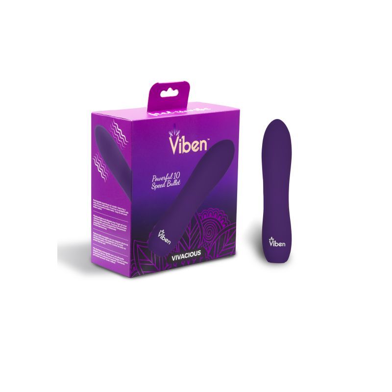 Viben Vivacious Rumble Motor rechargeable bullet vibrator in purple packaging with sleek design and 10 powerful functions.