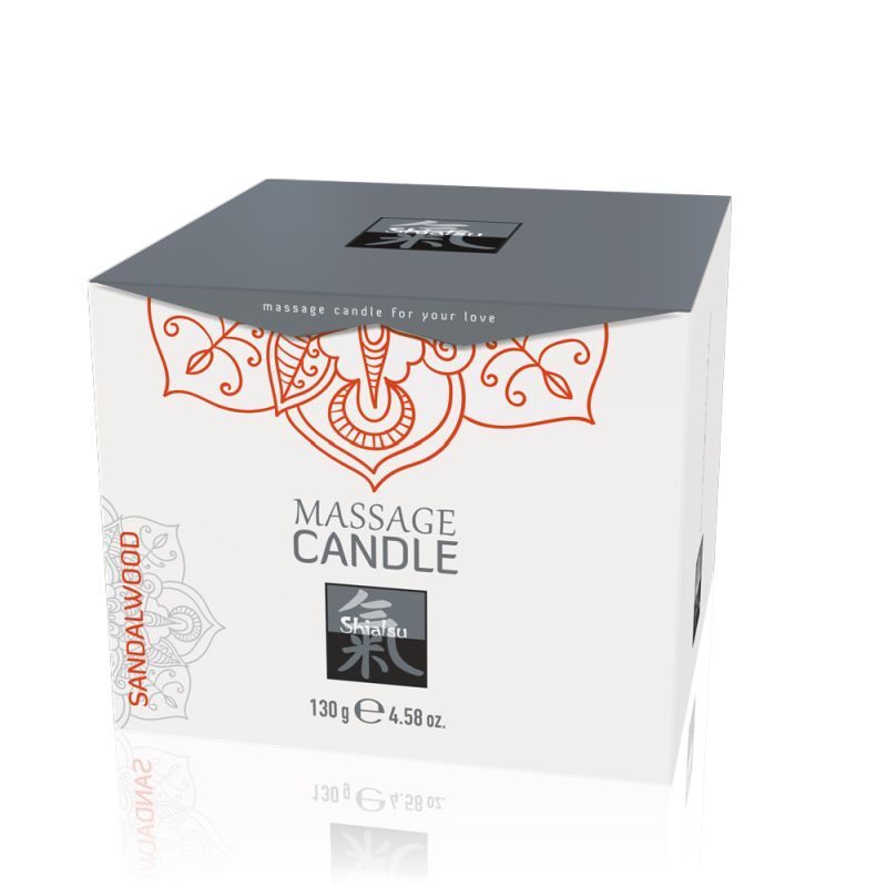 Shiatsu Massage Candle Sandalwood packaging, ideal for intimate essentials and sensual massages.