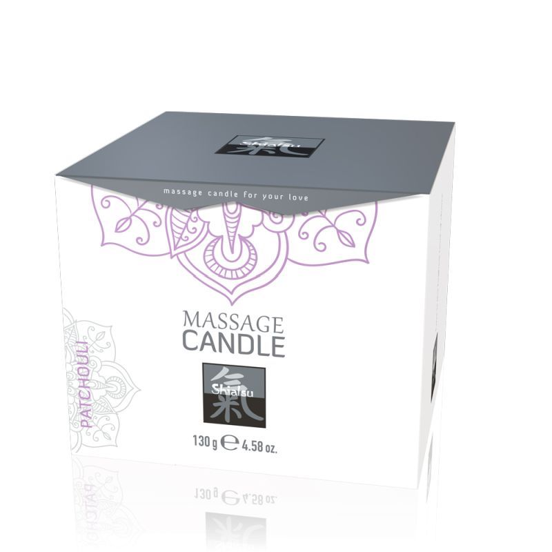 Shiatsu Massage Candle Patchouli packaging with elegant design, ideal for intimate essentials for her.