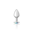 Silver butt plug with jewel showcasing its smooth design and vibrant acrylic gem for elegant anal play.