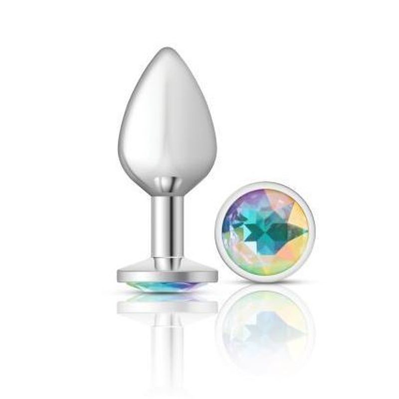 Silver butt plug with jewel featuring a clear iridescent gem for elegant and comfortable wear.
