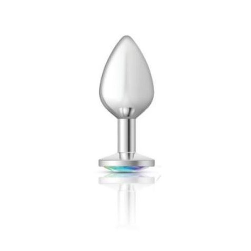 Cheeky Charms silver butt plug with jewel design, featuring a smooth finish and vibrant acrylic gem for elegant pleasure.