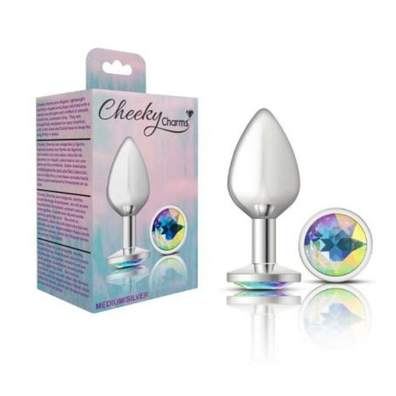 Cheeky Charms silver butt plug with jewel in packaging, featuring a clear iridescent gem, medium size.