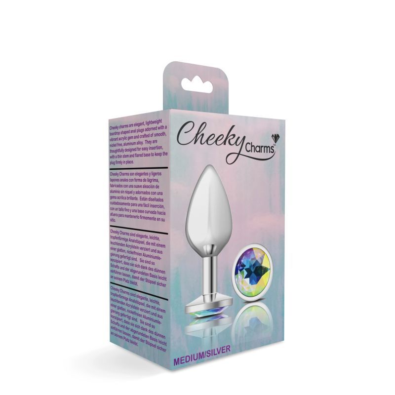 Cheeky Charms silver butt plug with jewel packaging, featuring elegant design and vibrant acrylic gem.