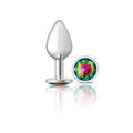 Cheeky Charms silver round butt plug with rainbow jewel, medium size, easy insertion and flared base for comfort.
