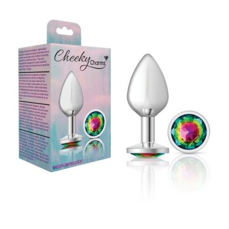Cheeky Charms silver round butt plug with rainbow jewel, a medium-sized butt plug for elegant enjoyment.