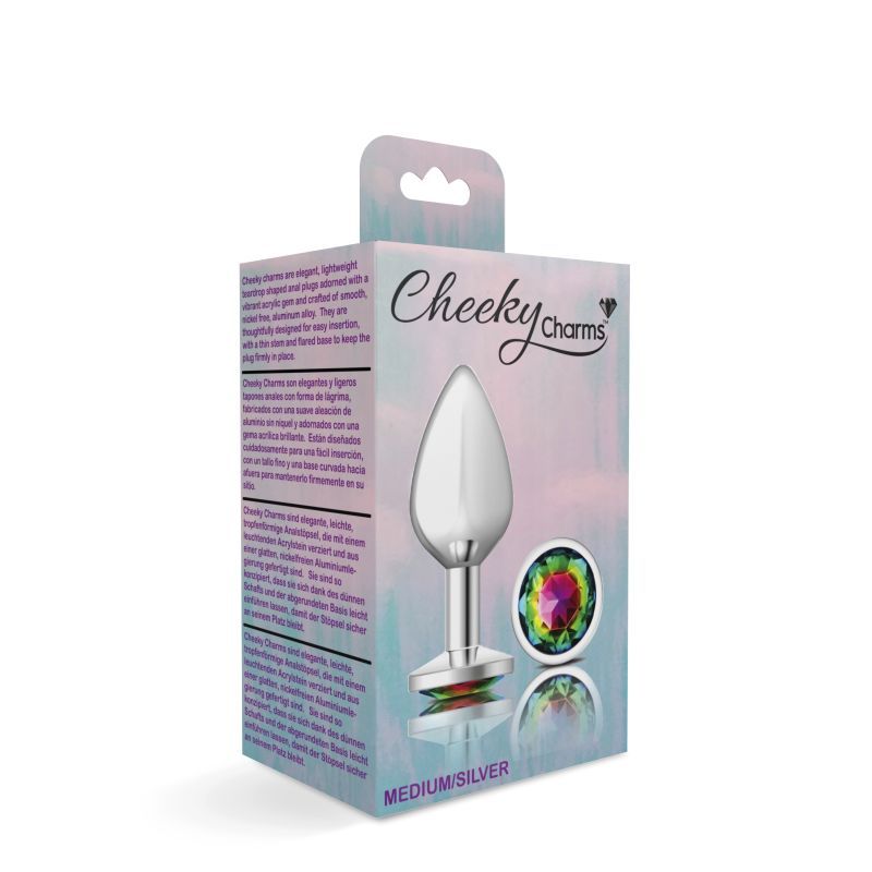Cheeky Charms medium silver rainbow jewel butt plug packaging, showcasing elegant design and vibrant acrylic gem.