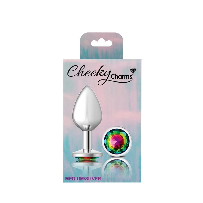 Cheeky Charms silver round butt plug with rainbow jewel in elegant packaging for adult play.