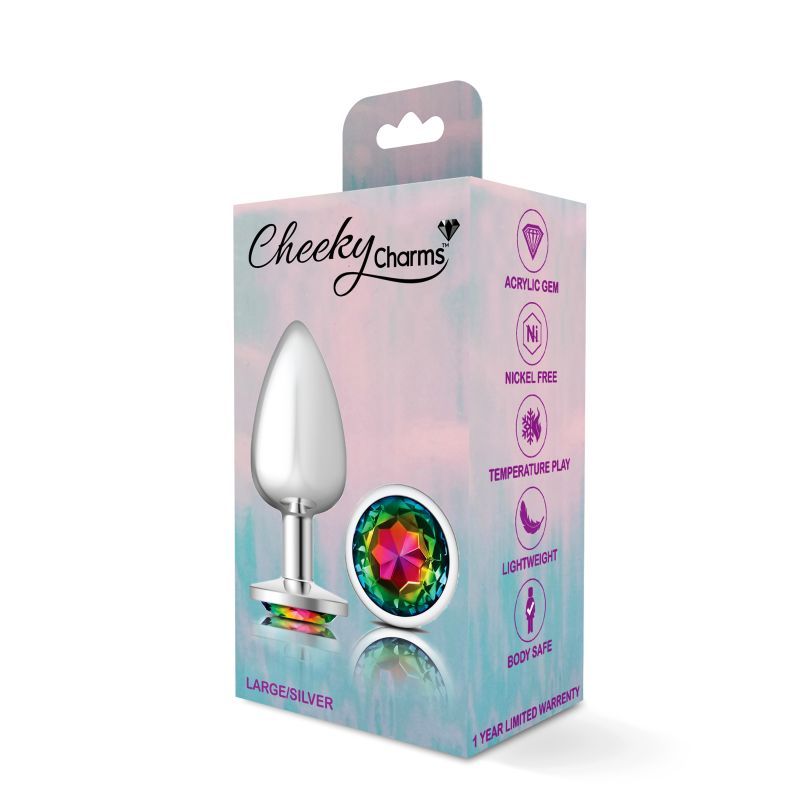 Cheeky Charms silver round butt plug packaging featuring rainbow jewel butt plug and product details.