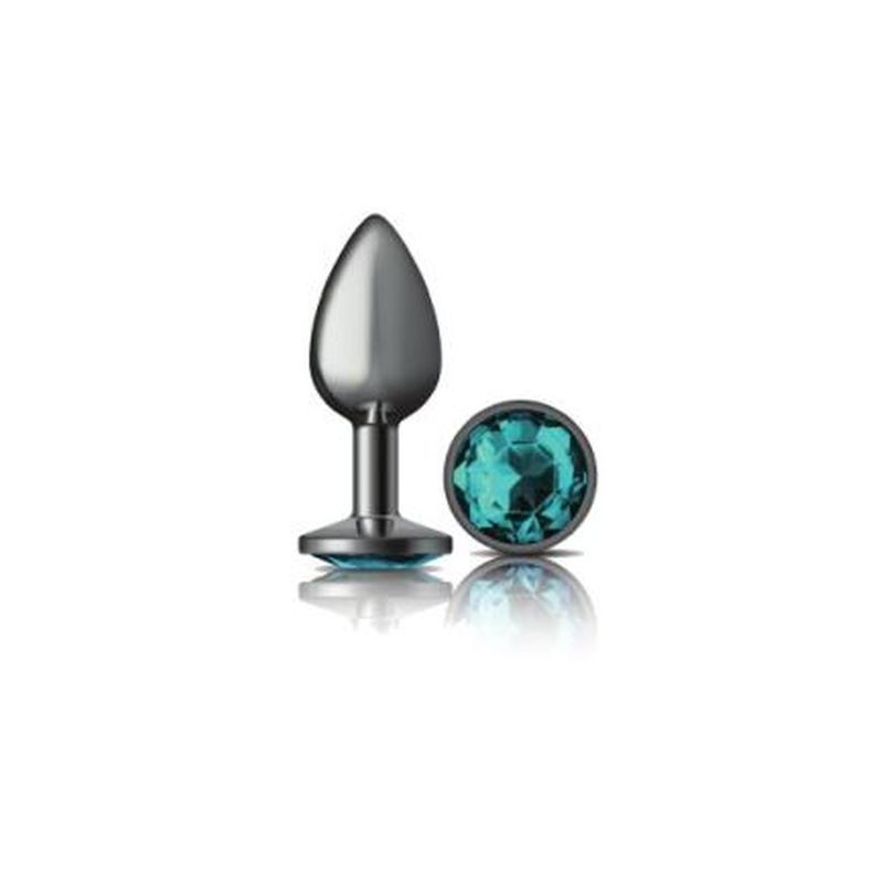 Cheeky Charms gunmetal round butt plug with teal jewel, small size, made of smooth nickel-free aluminum alloy.
