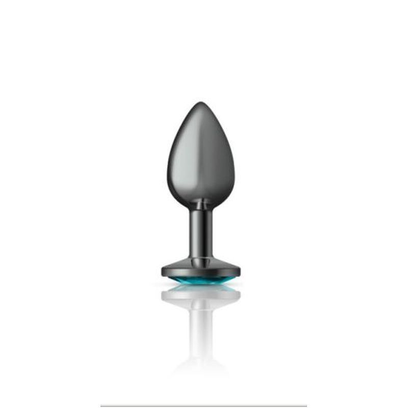 Gunmetal round butt plug with teal jewel, elegant teardrop shaped design in smooth nickel-free aluminium.