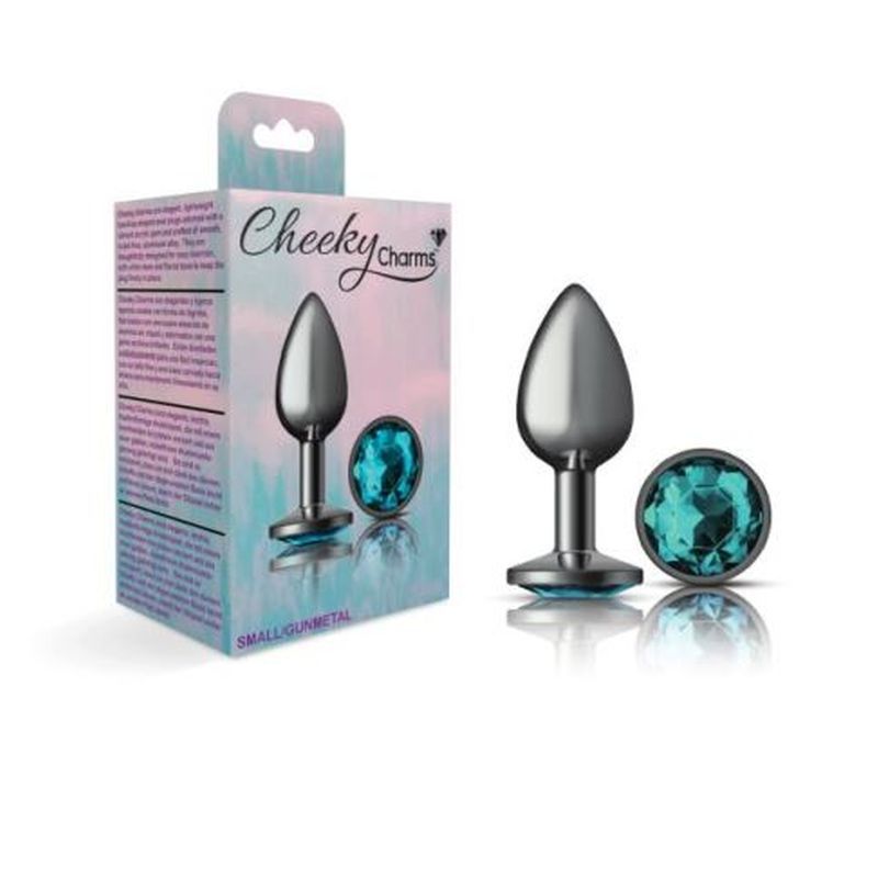 Cheeky Charms gunmetal round butt plug with teal jewel, small, designed for comfort and easy insertion.