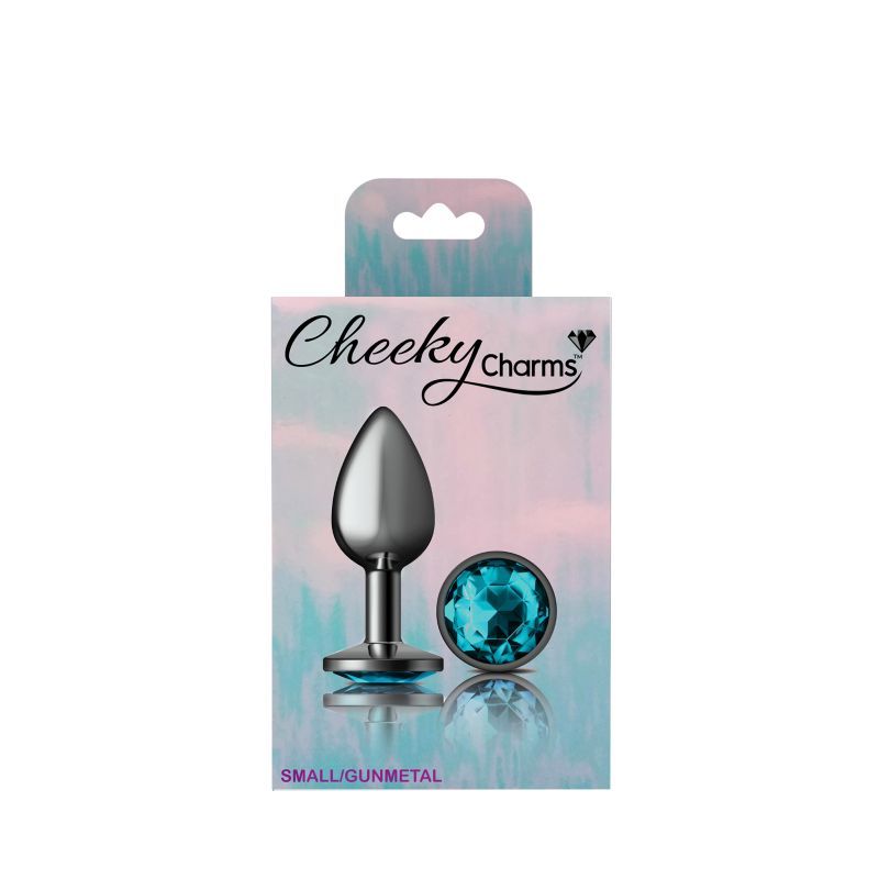 Cheeky Charms Gunmetal Round Butt Plug w Teal Jewel Small package design, showcasing elegant anal plug and vibrant gem.