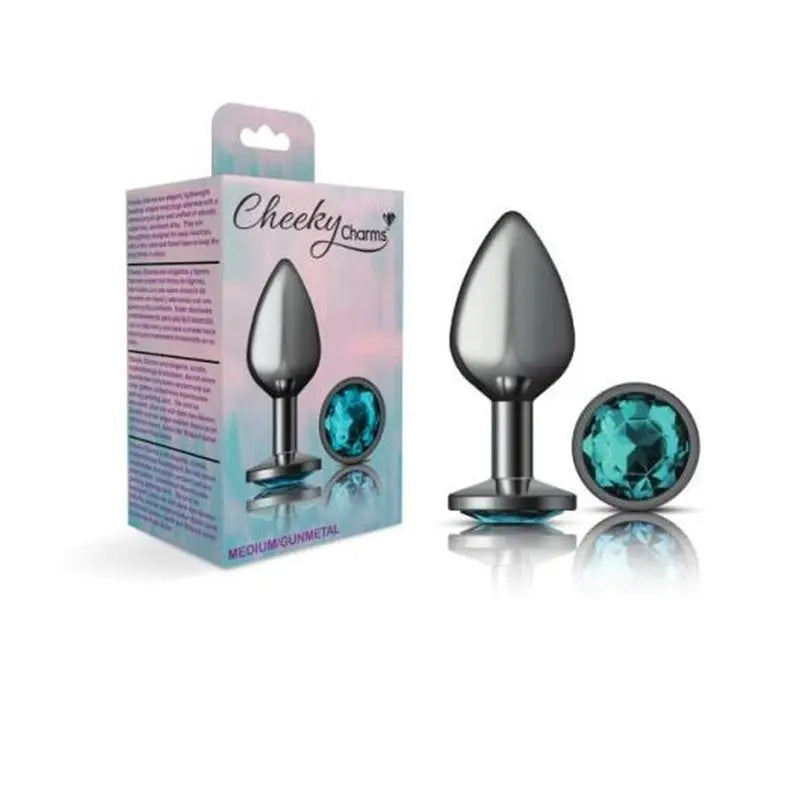 Cheeky Charms Gunmetal Round Butt Plug w Teal Jewel Medium Cheeky Charms Discreet Intimate Essentials.