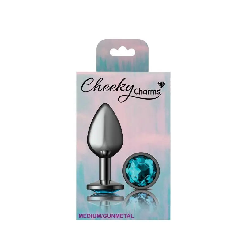 Cheeky Charms Gunmetal Round Butt Plug w Teal Jewel Medium Cheeky Charms Discreet Intimate Essentials.