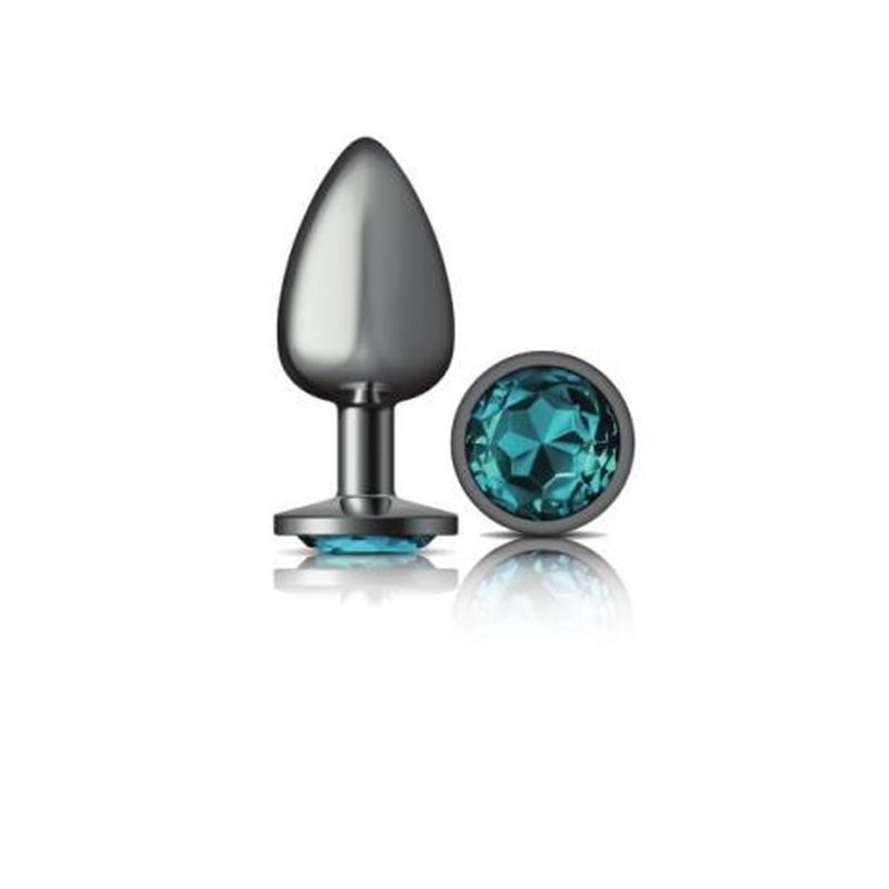Cheeky Charms gunmetal butt plug with teal jewel, large teardrop shaped anal plug, smooth nickel-free aluminum alloy.