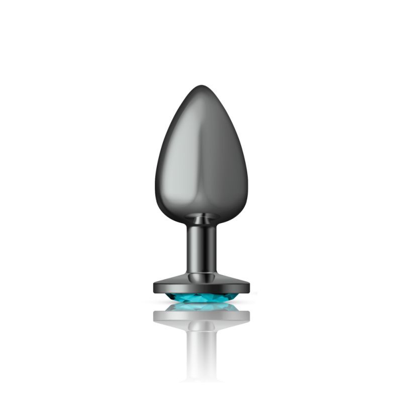 Gunmetal butt plug with teal jewel, featuring a smooth nickel-free aluminum design and flared base for secure fit.
