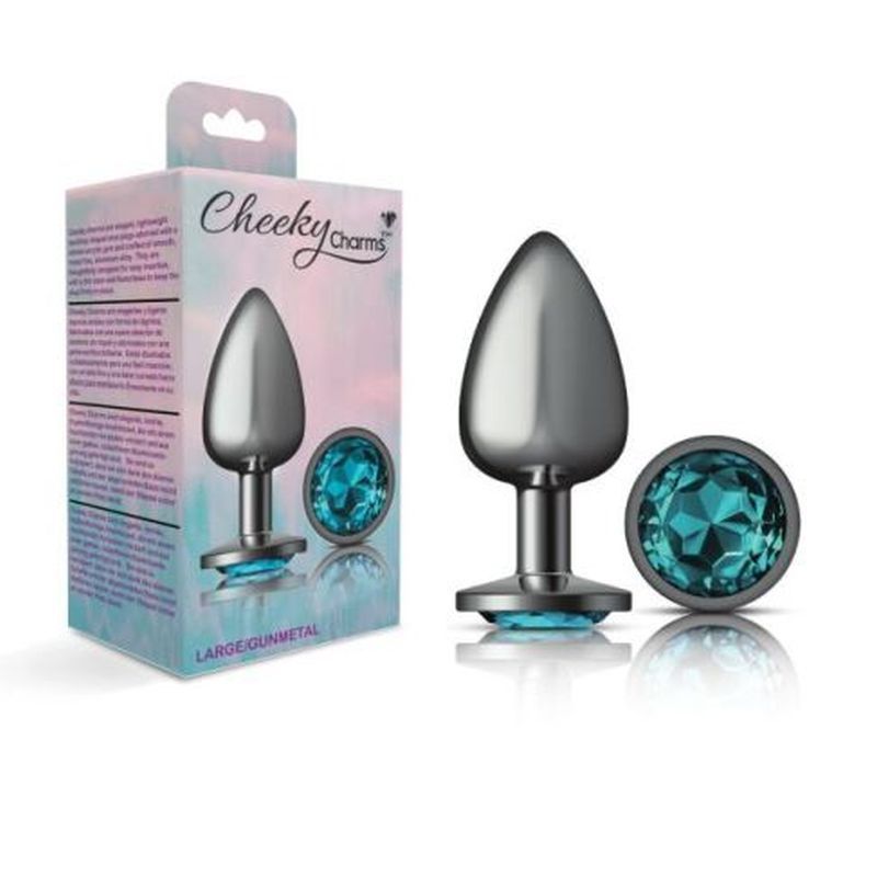 Cheeky Charms gunmetal butt plug with teal jewel, large size, displayed with packaging for elegant anal play.