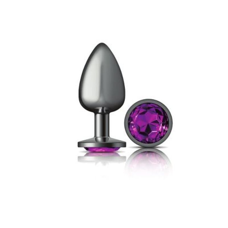 Gunmetal butt plug with purple jewel showcases a sleek teardrop design and vibrant gem for stylish anal play.