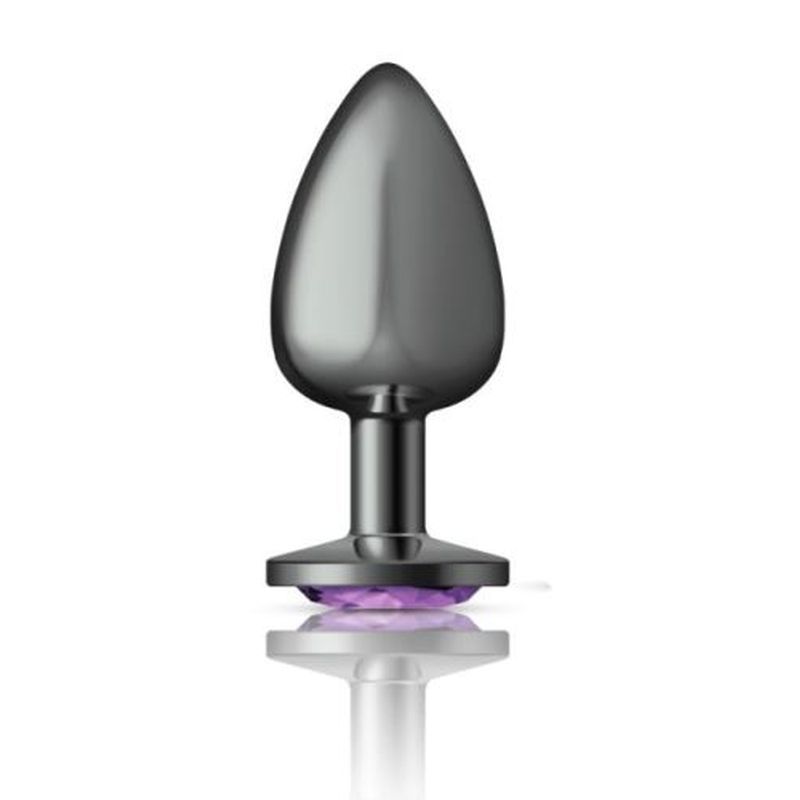 gunmetal butt plug with purple jewel showcasing its elegant design and smooth finish.