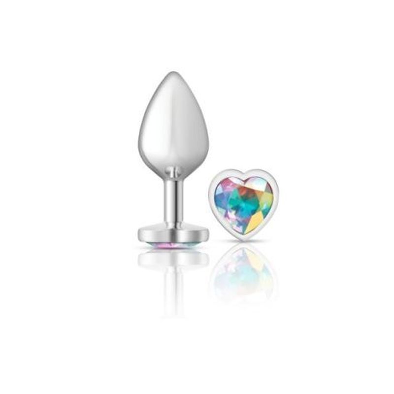Cheeky Charms silver heart jewel butt plug with clear gem, lightweight design for comfort and easy insertion.