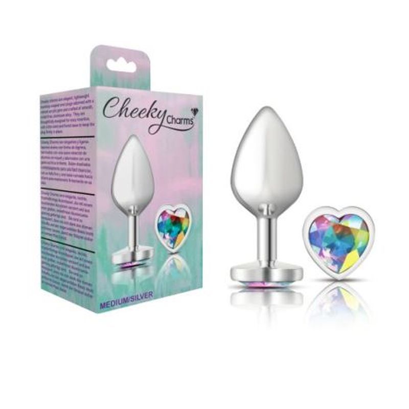 Cheeky Charms silver metal butt plug with heart clear jewel, medium size, elegant design for comfortable use.