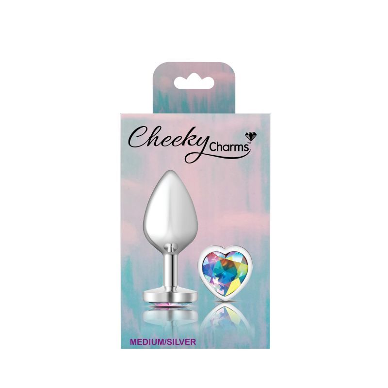 Cheeky Charms silver metal butt plug with heart clear jewel in medium size, perfect for intimate play.