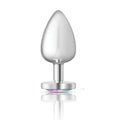 Cheeky Charms heart gem butt plug with clear jewel, teardrop shape, smooth metal design.