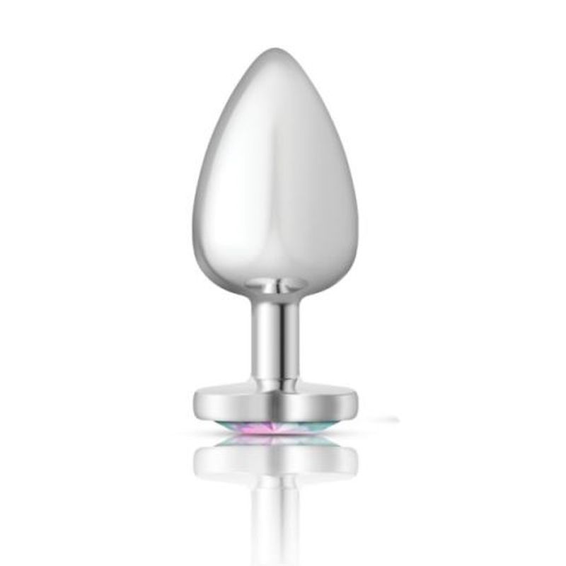 Cheeky Charms heart gem butt plug with clear jewel, teardrop shape, smooth metal design.