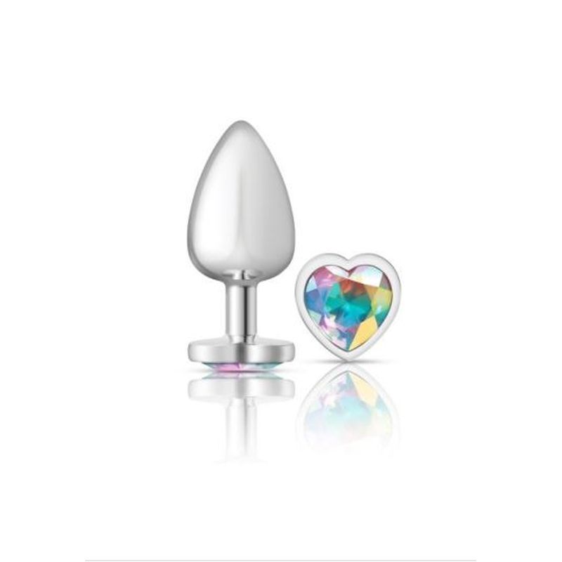 Cheeky Charms silver heart gem butt plug with clear jewel, elegant design for comfortable wear.