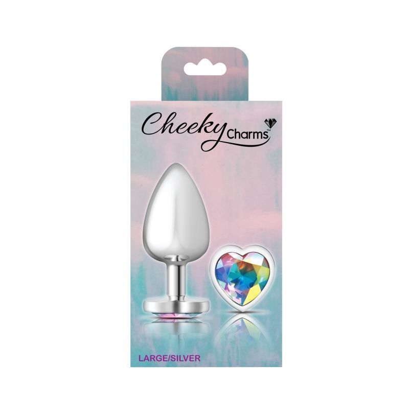 Cheeky Charms silver metal butt plug with heart gem, large size, elegant design with clear jewel, perfect for playful intimacy.