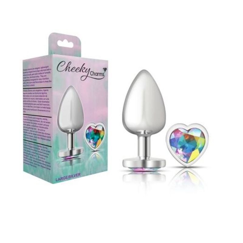 Cheeky Charms silver metal heart gem butt plug with clear jewel, packaging included, perfect for intimate play.