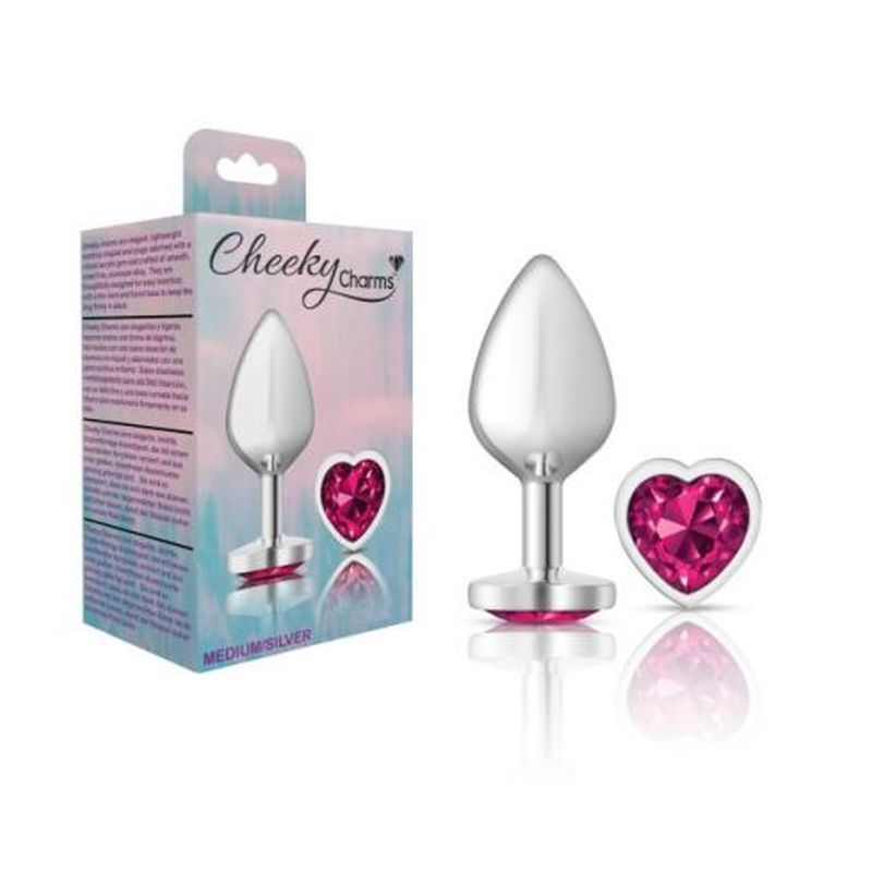 Cheeky Charms silver metal butt plug with heart pink jewel, medium size, perfect for couples and solo play.