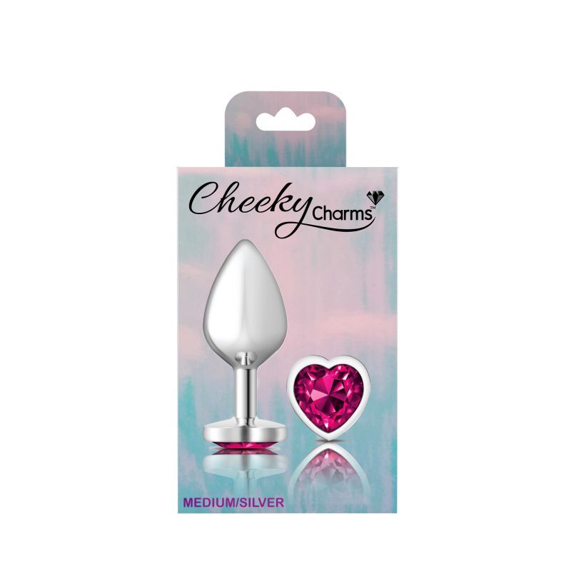 Cheeky Charms Silver Metal Butt Plug with Heart Pink Jewel, medium size for comfortable and elegant use, heart jewel butt plug.