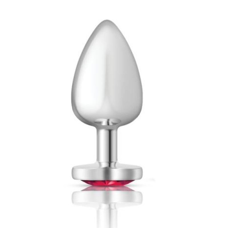 Cheeky Charms silver heart jewel butt plug with vibrant pink jewel and smooth aluminium design.