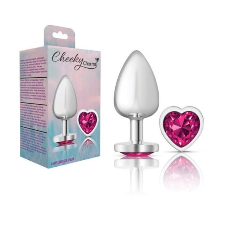 Cheeky Charms silver heart jewel butt plug with large pink gem, lightweight aluminium alloy design for comfortable wear.