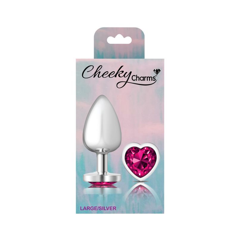 Cheeky Charms silver heart jewel butt plug with pink gem, large size, elegant teardrop design in packaging.