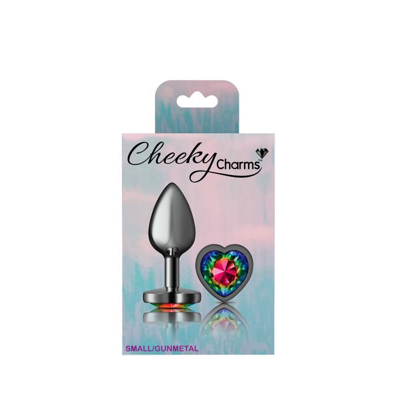 Cheeky Charms gunmetal butt plug with heart jewel, small, featuring a rainbow jewel and elegant design.