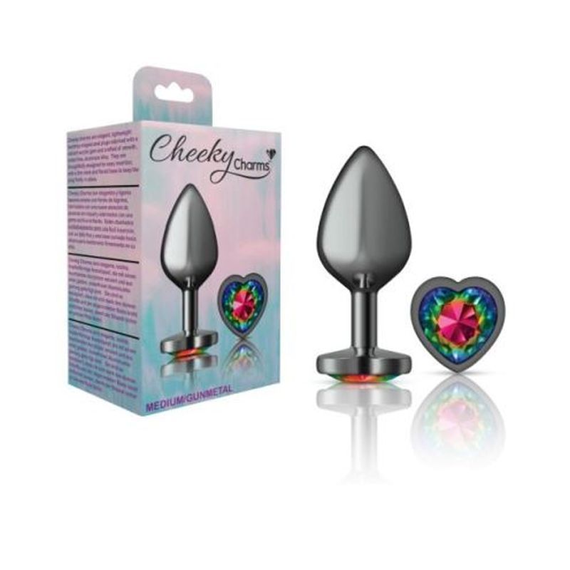 Cheeky Charms gunmetal butt plug with rainbow jewel in packaging, elegant teardrop shaped design and vibrant gem.