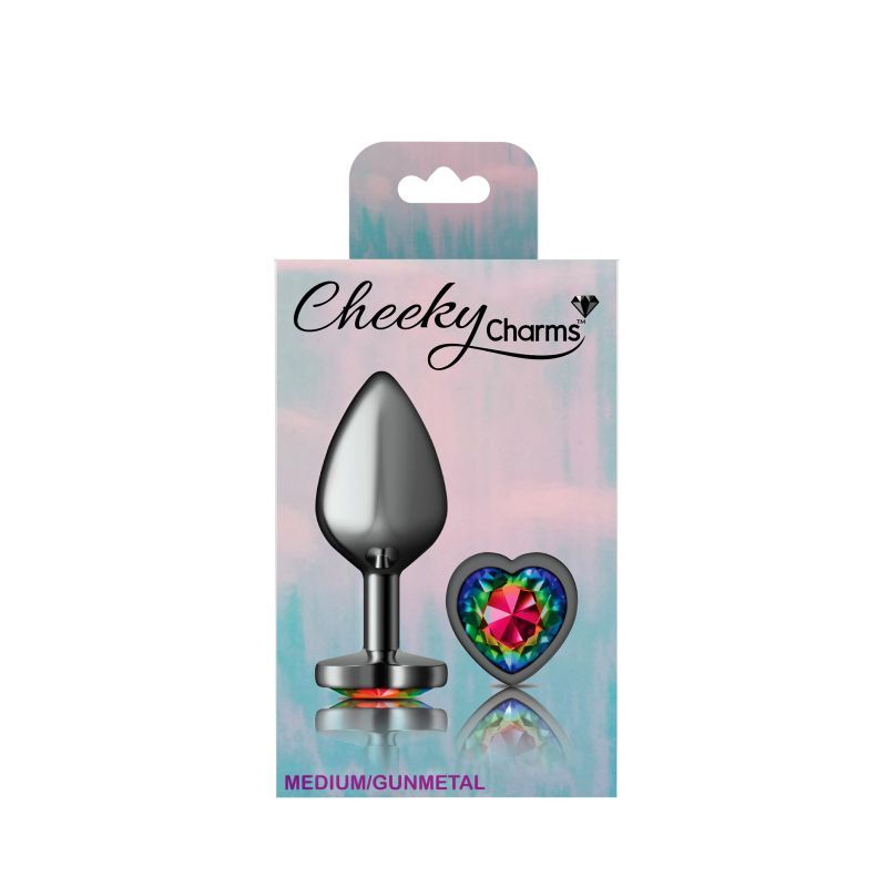 Cheeky Charms gunmetal butt plug with rainbow jewel packaging showcasing teardrop design and colorful gem.