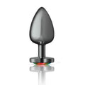 Gunmetal rainbow jewel butt plug with a sleek teardrop design and vibrant rainbow base.