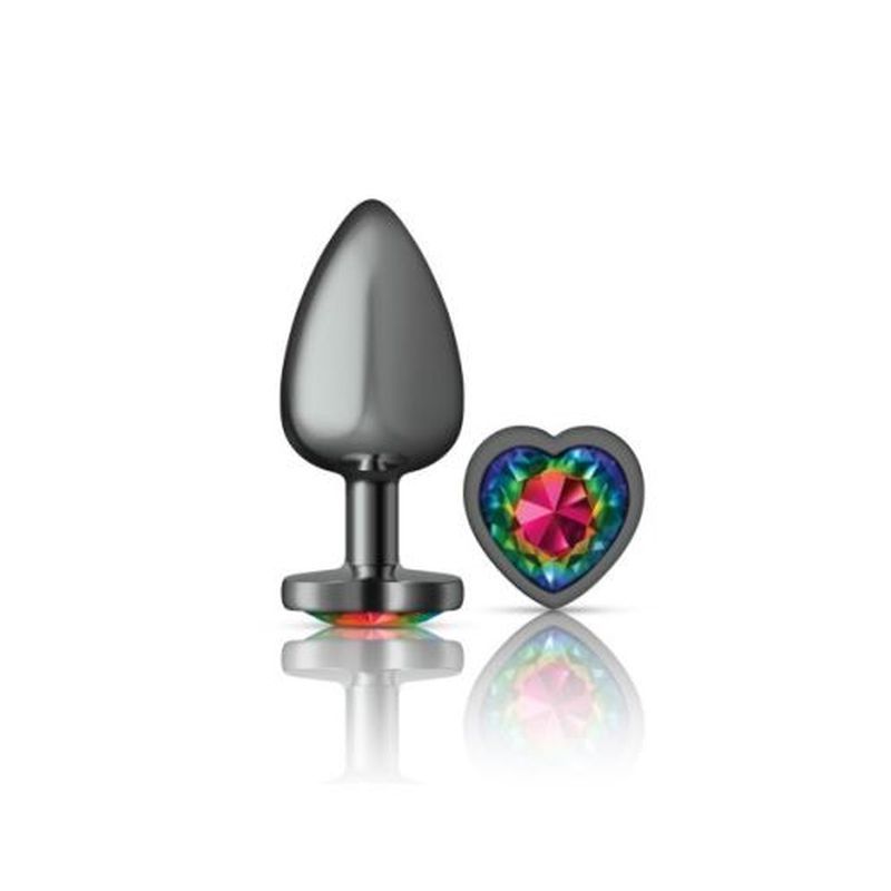 Cheeky Charms gunmetal rainbow jewel butt plug with heart-shaped colorful gem, smooth teardrop design.