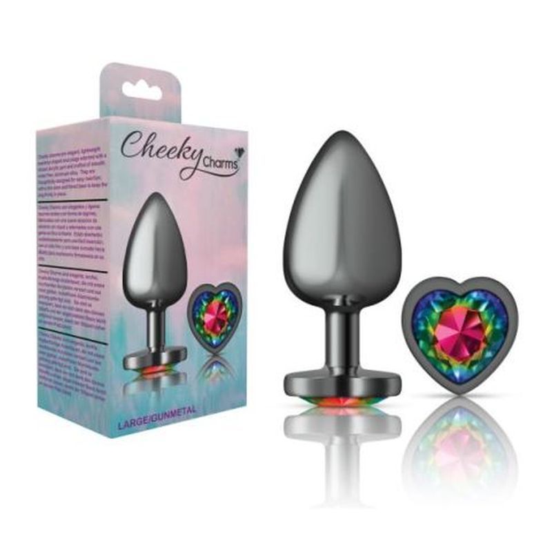 Cheeky Charms Gunmetal Rainbow Jewel Butt Plug with heart-shaped jewel and packaging.