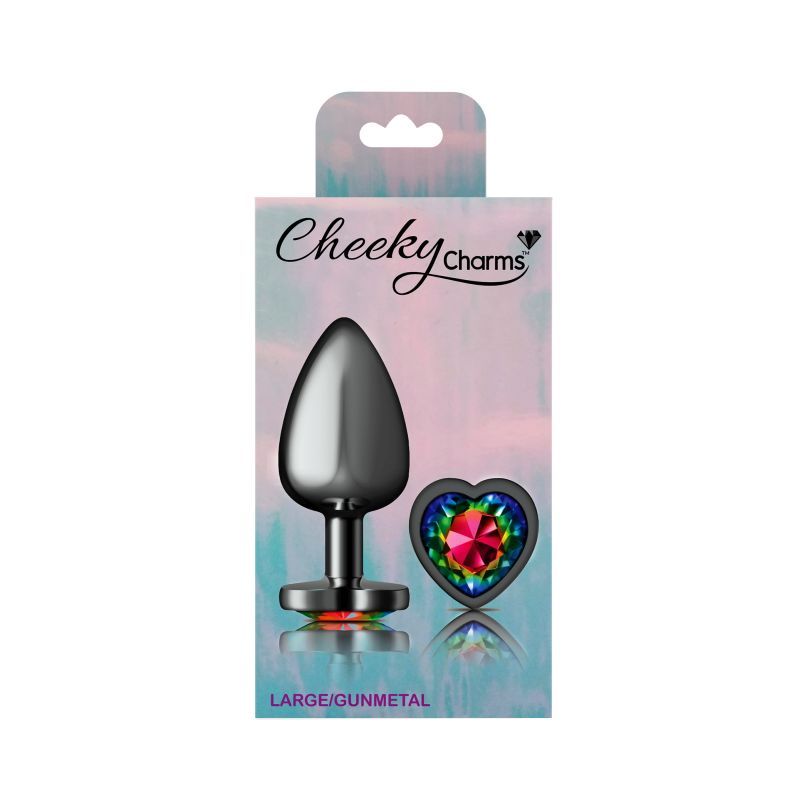 Cheeky Charms Gunmetal Rainbow Jewel Butt Plug packaging with colorful gem and flared base designed for comfort.