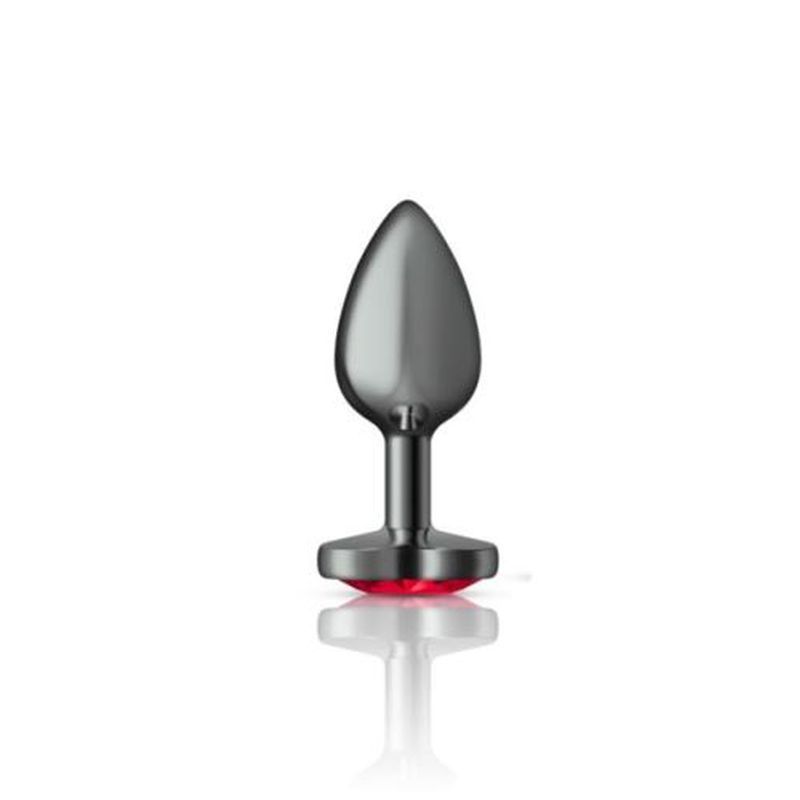 Cheeky Charms gunmetal heart jewel butt plug with red jewel, elegant design for comfortable use.