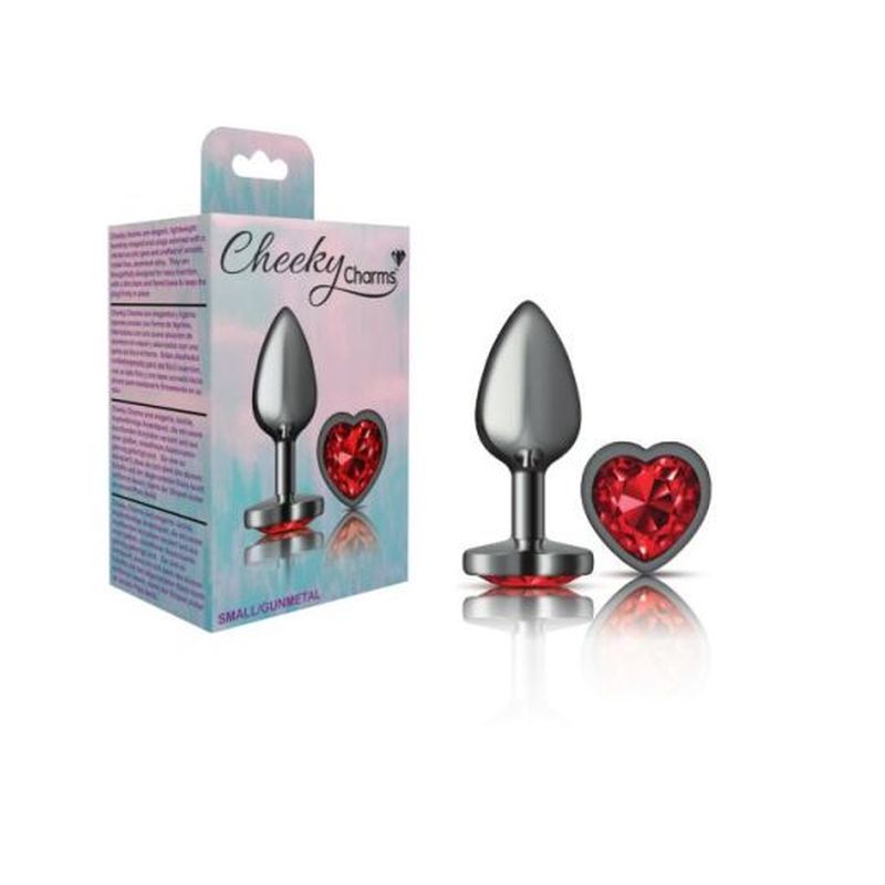 Cheeky Charms gunmetal heart jewel butt plug with red gem and packaging, elegant anal toy for various play.