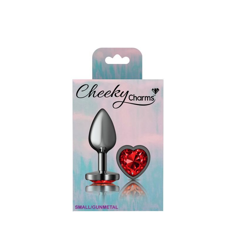 Cheeky Charms gunmetal heart jewel butt plug packaging with a vibrant red gem, perfect for couples and solo play.
